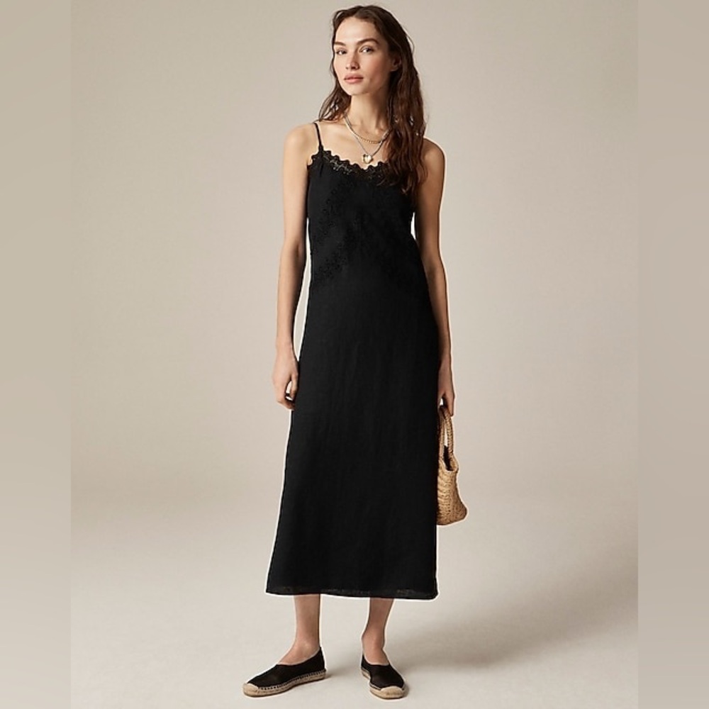 NWT J.Crew 100% Linen Lace-trim Slip Midi Dress in Black, size 6